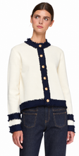 Load image into Gallery viewer, Ivory &amp; Navy Frayed-Trim Cardigan with Gold Buttons
