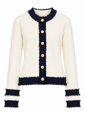 Load image into Gallery viewer, Ivory &amp; Navy Frayed-Trim Cardigan with Gold Buttons
