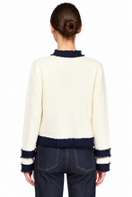 Load image into Gallery viewer, Ivory &amp; Navy Frayed-Trim Cardigan with Gold Buttons

