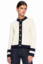Load image into Gallery viewer, Ivory &amp; Navy Frayed-Trim Cardigan with Gold Buttons
