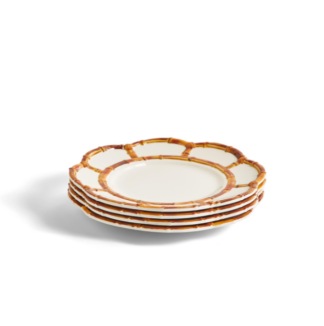 Bamboo Touch Set of 4 Salad / Dessert Plate with Bamboo Rim  - 100% Melamine