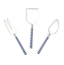 Load image into Gallery viewer, Yacht Club Set of 3 Blue and White Stripe Cheese Knives in a Gift Box (hand wash only) - Stainless Steel/Epoxy
