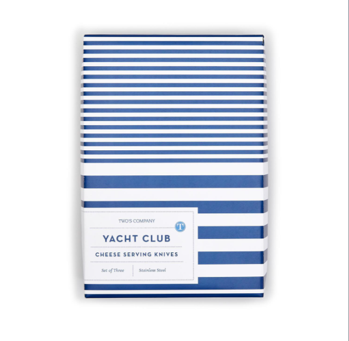 Yacht Club Set of 3 Blue and White Stripe Cheese Knives in a Gift Box (hand wash only) - Stainless Steel/Epoxy
