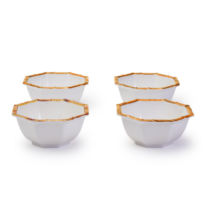 Bamboo Touch Set of 4 Octagonal Multipurpose Individual Bowls with Bamboo Rim Design - 100% Melamine