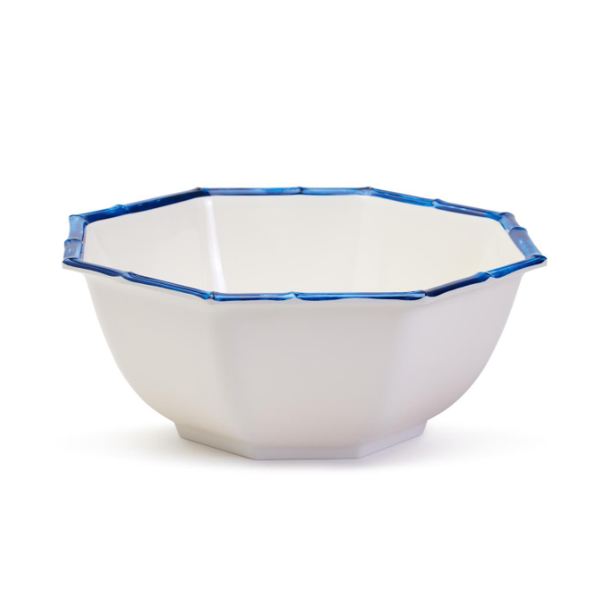 Blue Bamboo Touch Octagonal Serving Bowl with Bamboo Rim Design- 100% Melamine